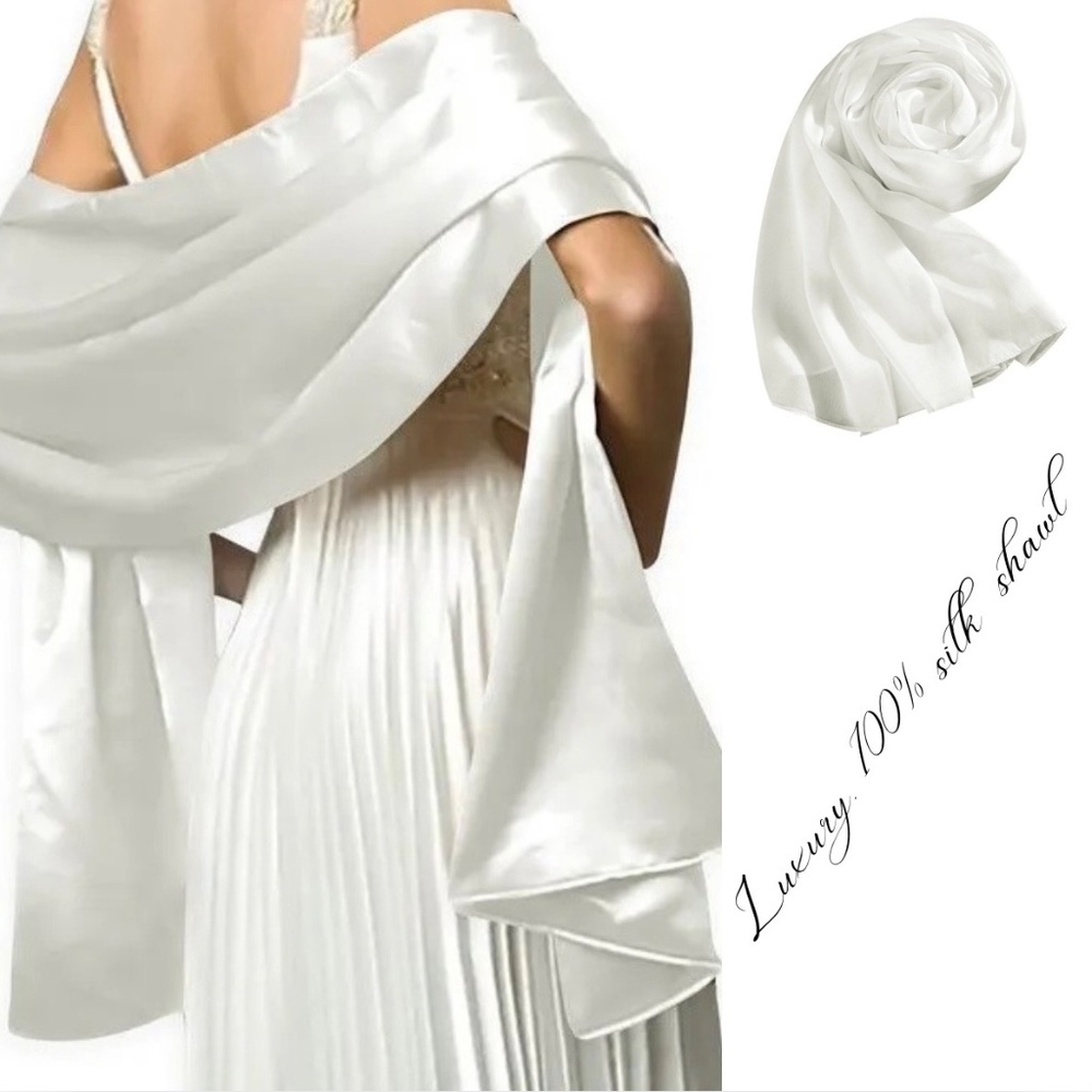 100% SILK SATIN White Large Shawl Scarf Wrap Wedding Bridal Bridesmaid Cover up - Picture 8 of 9